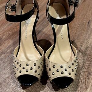 Studded peep toe ankle strap heel